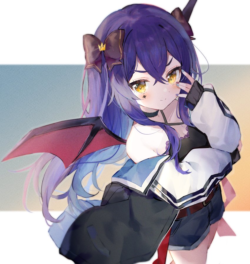 1girl, absurdres, alternate_costume, bat_wings, belt, black_bow, blue_hair, blue_nails