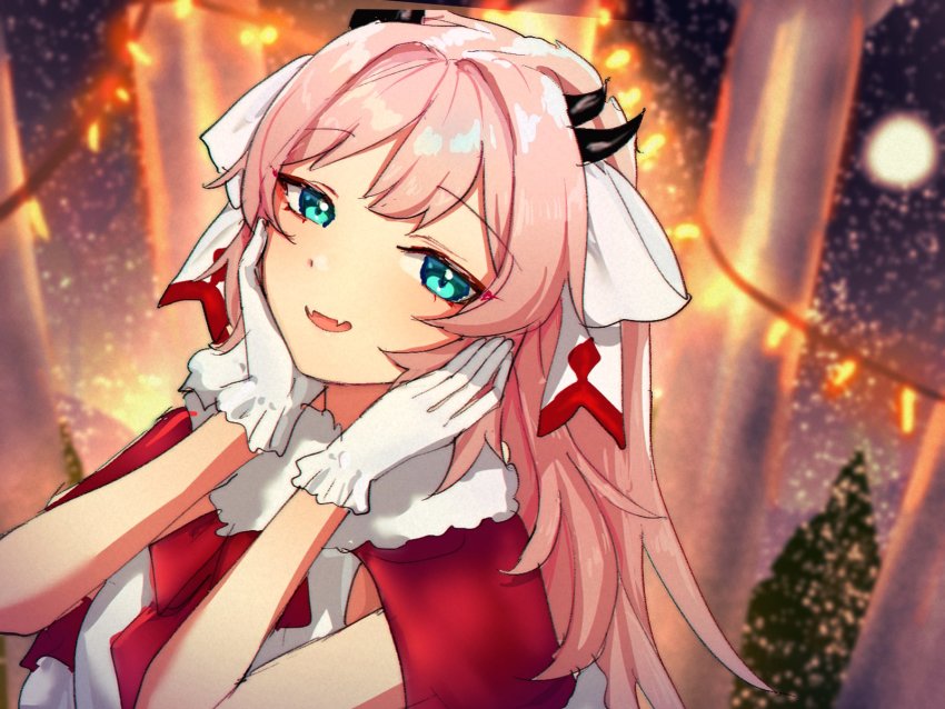 1girl, alternate_costume, aqua_eyes, ascot, atelier_live, capelet, christmas, commentary, cres, dragon_girl, dragon_horns, english_commentary, fang, gloves, hands_on_own_face, highres, horns, kuzuryu_io, looking_at_viewer, looking_up, open_mouth, pink_hair, red_ascot, solo, virtual_youtuber, white_gloves