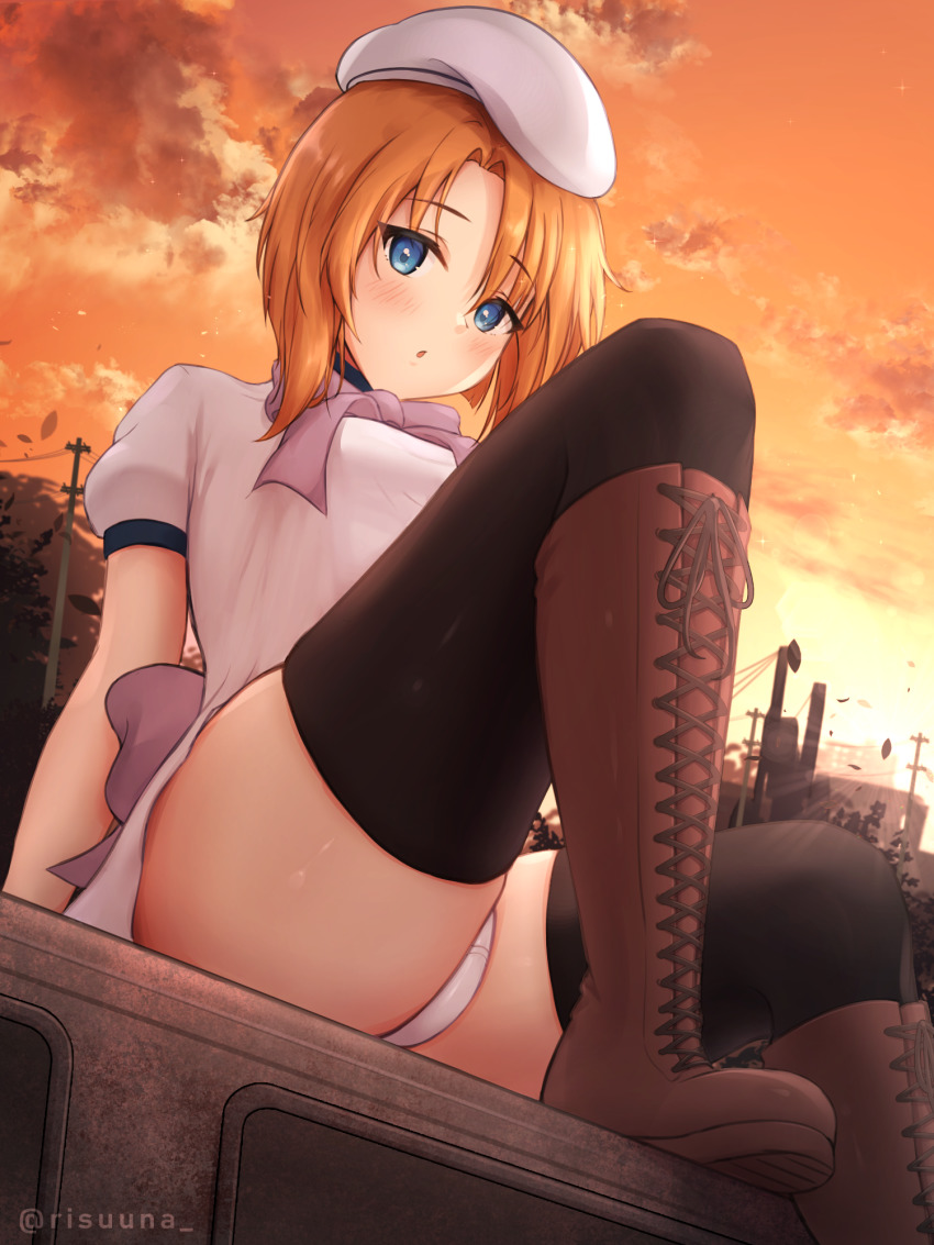 1girl, beret, black_thighhighs, blue_eyes, blush, boots, bow, bowtie, breasts, brown_boots, commentary_request, commission, dress, from_below, hat, highres, higurashi_no_naku_koro_ni, knee_boots, knee_up, krisyyy, lace-up_boots, looking_at_viewer, looking_down, medium_breasts, medium_hair, open_mouth, orange_hair, outdoors, panties, parted_lips, purple_bow, ryuuguu_rena, skindentation, solo, sunset, thighhighs, thighs, underwear, upskirt, white_dress, white_hat, white_panties