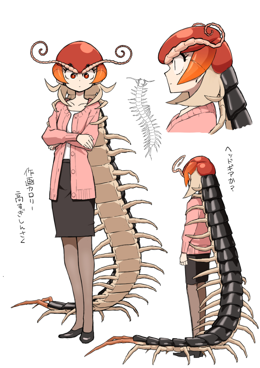 1girl, antennae, bug, cardigan, centipede, centipede_girl, centipede_maeshima, check_translation, crossed_arms, evolvingmonkey, full_body, highres, arthropod_girl, original, pantyhose, pencil_skirt, red_eyes, skirt, translation_request, white_background