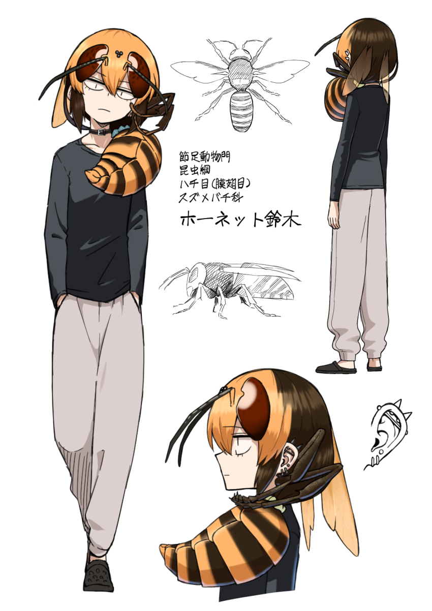 1girl, antennae, arthropod_girl, bug, choker, ear_piercing, evolvingmonkey, full_body, hands_in_pockets, highres, hornet_girl, hornet_suzuki, original, piercing, sanpaku, translated, wasp, wasp_girl, white_background