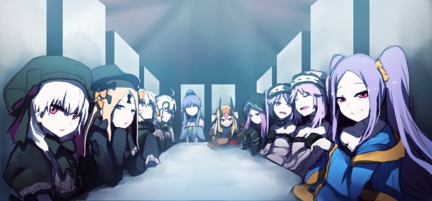 6+girls, :d, ^_^, abigail_williams_(fate), abigail_williams_(first_ascension)_(fate), absurdres, bad_id, bad_twitter_id, bare_shoulders, bell, beret, black_dress, black_gloves, black_hat, bleach, blonde_hair, blue_eyes, blue_hair, bow, brown_eyes, chinese_clothes, choker, closed_eyes, closed_mouth, dress, elbows_on_table, euryale_(fate), facial_mark, facial_scar, fate/grand_order, fate_(series), forehead_mark, gloves, gothic_lolita, green_bow, green_eyes, hair_between_eyes, hair_ornament, hanfu, hat, headpiece, highres, hood, hood_up, horns, ibaraki_douji_(fate), indoors, interlocked_fingers, jack_the_ripper_(fate/apocrypha), jeanne_d'arc_(fate), jeanne_d'arc_alter_santa_lily_(fate), lolita_fashion, long_hair, long_sleeves, looking_at_viewer, medea_(fate), medea_lily_(fate), medusa_(fate), medusa_(lancer)_(fate), medusa_(rider)_(fate), multiple_girls, nursery_rhyme_(fate), oni, oni_horns, open_mouth, parody, parted_bangs, parted_lips, pointy_ears, puffy_short_sleeves, puffy_sleeves, purple_eyes, purple_hair, rider, scar, scar_on_cheek, scar_on_face, shawl, short_sleeves, silver_hair, sitting, sleeves_past_fingers, sleeves_past_wrists, smile, stheno_(fate), strapless, strapless_dress, striped_bow, table, very_long_hair, wada_kazu, white_dress, wide_sleeves, wu_zetian_(fate), wu_zetian_(first_ascension)_(fate)