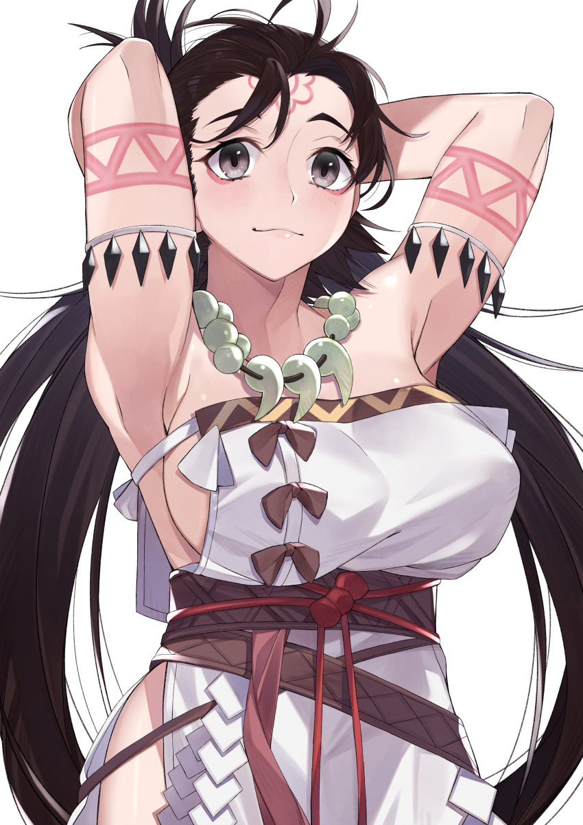 1girl, absurdres, armpits, arms_behind_head, body_markings, breasts, brown_eyes, brown_hair