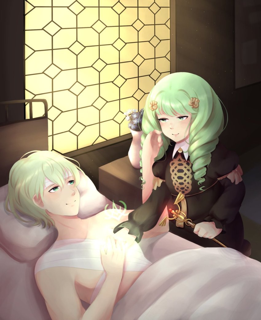 bandages, male_byleth_(fire_emblem), chanpotei, fire_emblem, fire_emblem:_three_houses, flayn_(fire_emblem), green_eyes, green_hair