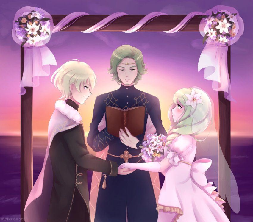 bouquet, bridal_veil, male_byleth_(fire_emblem), chanpotei, dress, fire_emblem, fire_emblem:_three_houses, flayn_(fire_emblem)