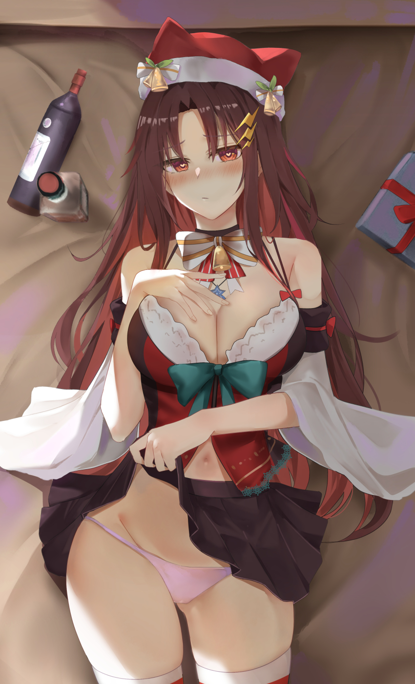 1girl, absurdres, bell, black_skirt, blush, bow, bowtie, breasts, brown_hair, choker, christmas, christmas_dress, cleavage, closed_mouth, clothes_lift, commission, girls'_frontline, hat, highres, holding_breath, long_hair, looking_at_viewer, lying, m21_(girls'_frontline), m21_(xmas_at_home)_(girls'_frontline), medium_breasts, navel, neck_bell, official_alternate_costume, on_back, panties, pink_panties, pixiv_commission, red_eyes, ru_zhai, santa_hat, skirt, skirt_lift, solo, thighhighs, underwear