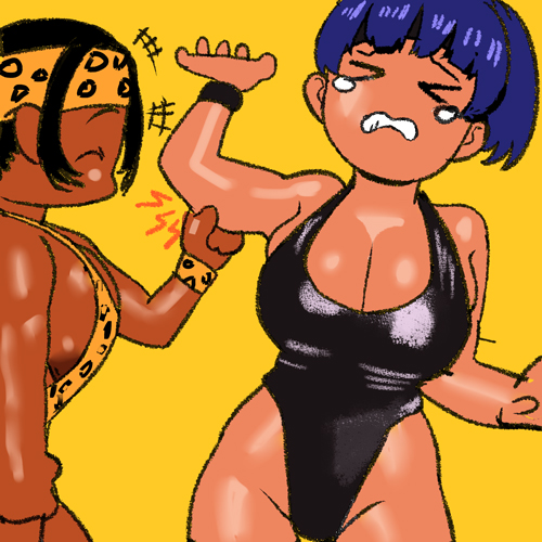 2girls, arms_up, arung_samudra_(cessa), black_hair, black_leotard, blue_hair, borrowed_character, breasts, cessa, chibi, cleavage, closed_eyes, commentary, cowboy_shot, english_commentary, headband, highleg, highleg_leotard, large_breasts, leotard, lowres, multiple_girls, muscle_conscious, no_nose, ombok_diving_and_delivery_services, rina_atherina