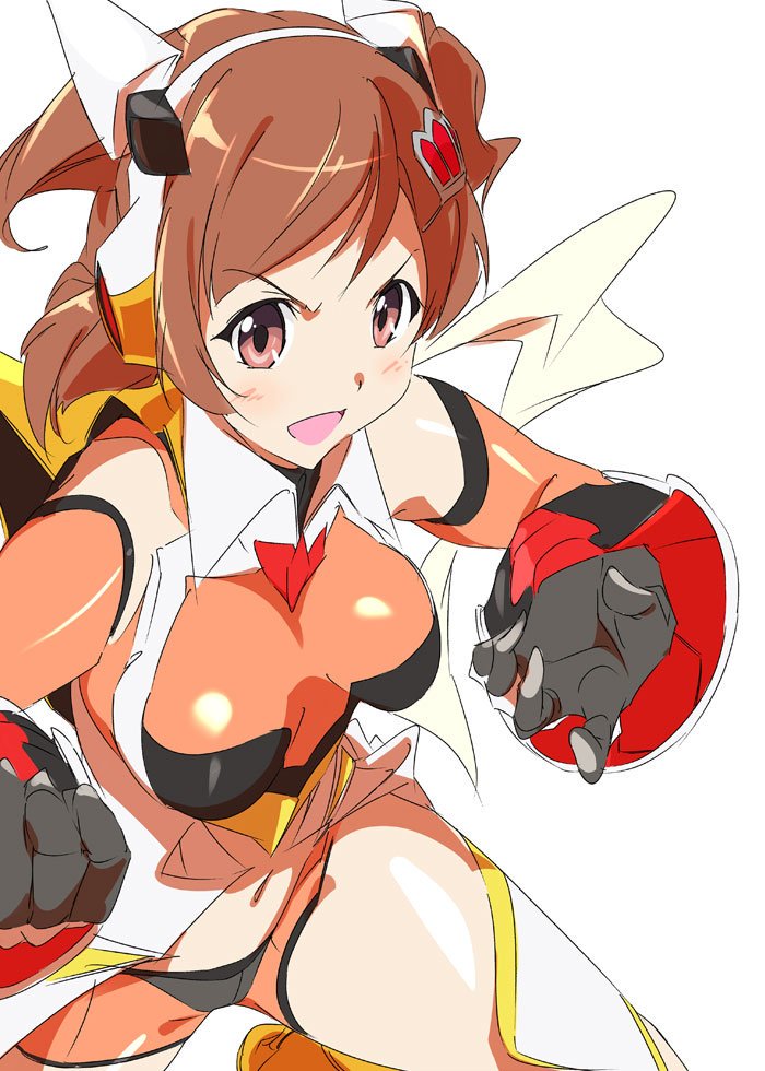 1girl, :d, aijo_karen, bare_shoulders, blush, breasts, brown_eyes, brown_hair