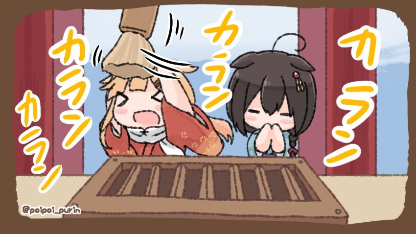 >_<, 2girls, ahoge, alternate_costume, black_hair, black_ribbon, blonde_hair, blue_kimono