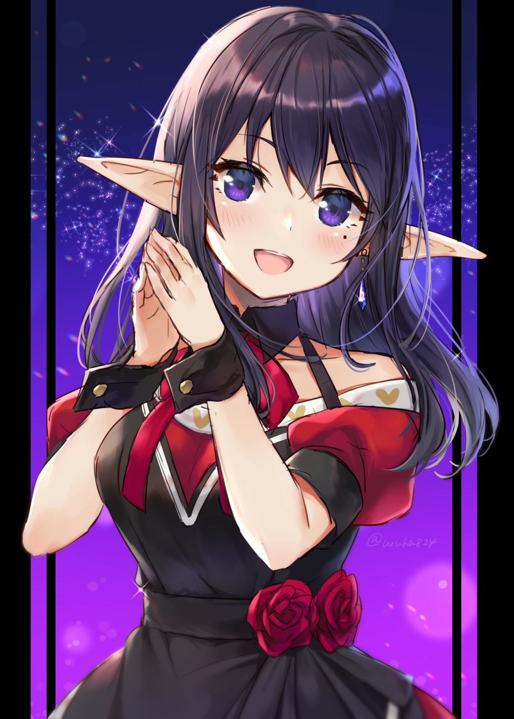 1girl, :d, bare_shoulders, black_dress, black_hair, blush, breasts, commentary_request