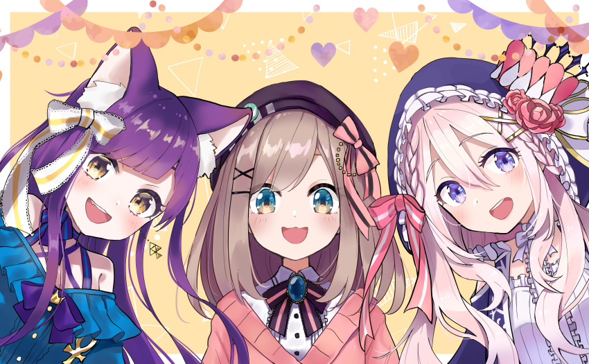 3girls, ;3, absurdres, animal_ears, artist_request, blue_eyes, bow, brown_hair