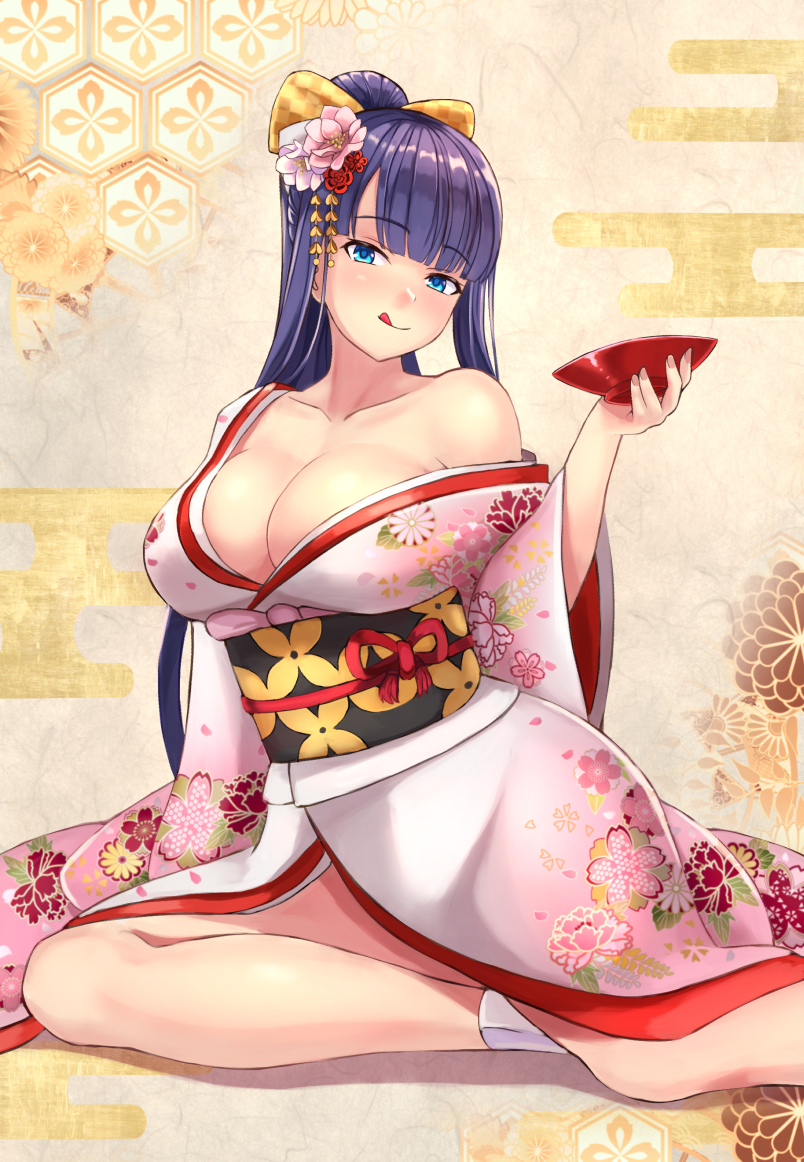 1girl, bare_shoulders, blue_eyes, blunt_bangs, breasts, cleavage, collarbone, cup