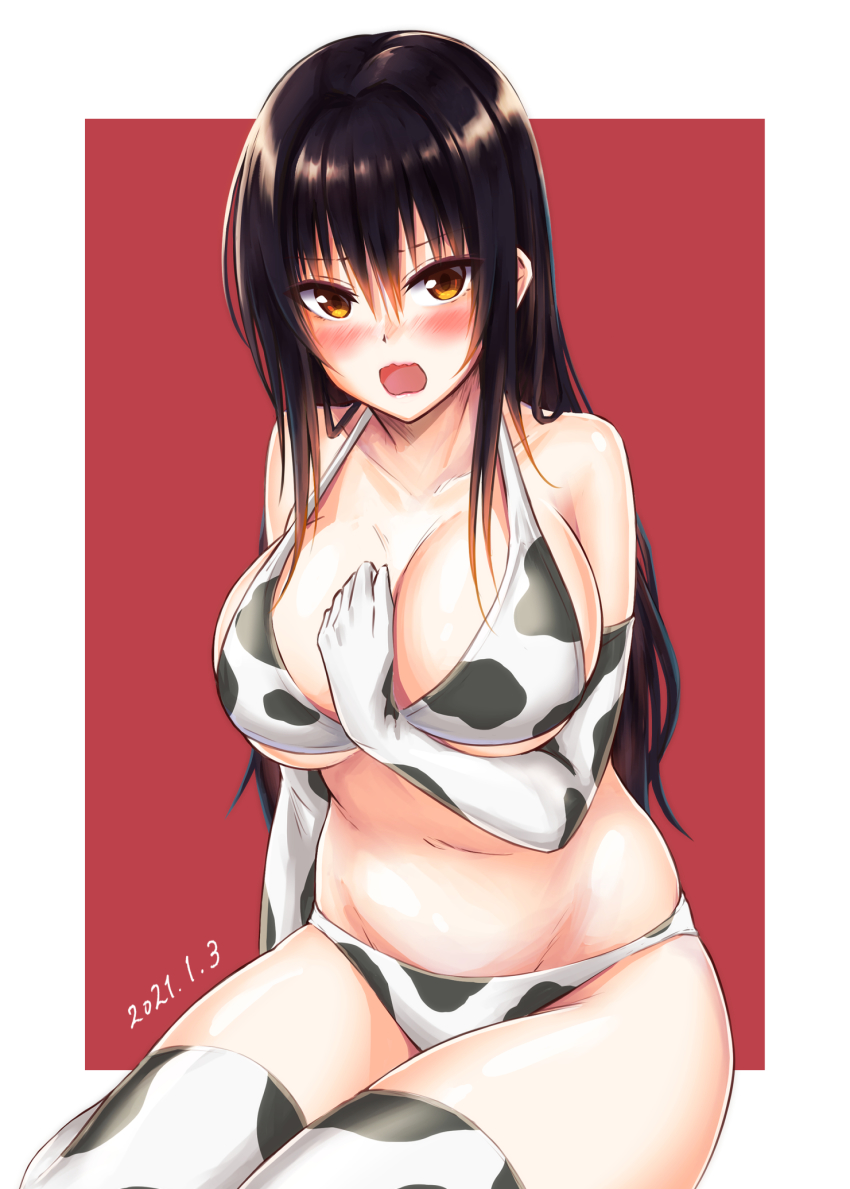 1girl, animal_print, arm_at_side, bare_shoulders, bikini, black_hair, blush, border