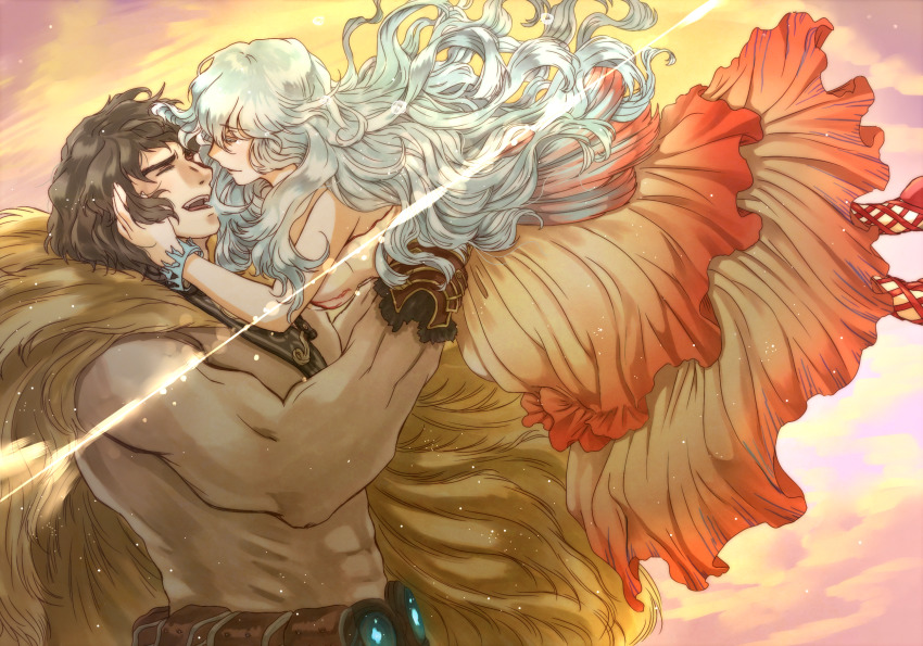 1boy, 1girl, abs, artemis_(fate), bare_pectorals, brown_hair, cape, closed_eyes, dress, fate/grand_order, fate_(series), fur_cape, hands_on_own_head, hetero, highres, hug, long_hair, orange_dress, orion_(bear)_(fate), pectorals, short_hair, smile, super_orion_(fate), tears, thick_eyebrows, topless_male, upper_body, white_hair, yuki510