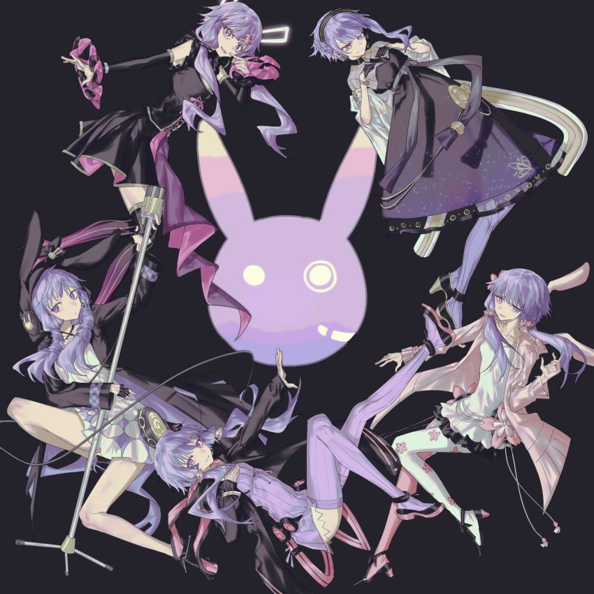 5girls, absurdres, animal_ears, animal_hood, asymmetrical_legwear, black_background, black_dress, black_gloves