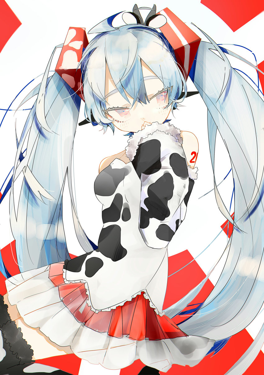 1girl, absurdres, animal_print, aqua_hair, bare_shoulders, chinese_zodiac, commentary, covering_own_mouth, cow_print, cowboy_shot, dress, fur-trimmed_sleeves, fur_trim, hair_ornament, hand_to_own_mouth, hatsune_miku, highres, layered_skirt, long_hair, miniskirt, pleated_skirt, red_eyes, red_skirt, shirt, shoulder_tattoo, sideways_glance, skirt, sleeveless, sleeveless_shirt, solo, strapless, strapless_dress, tattoo, thighhighs, tsurime, twintails, very_long_hair, vocaloid, white_shirt, wsk_64, year_of_the_ox
