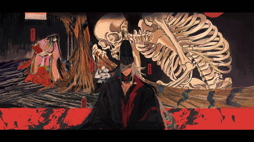 1boy, 2girls, ashiya_douman_(fate), ashiya_douman_(third_ascension)_(fate), asymmetrical_hair, black_eyes, black_hair, black_headwear, blood, blood_splatter, curly_hair, doskoi_tuki, earrings, fate/grand_order, fate_(series), fine_art_parody, fingernails, fujimaru_ritsuka_(female), giant, giant_monster, hat, heian, highres, jewelry, letterboxed, long_hair, magatama, magatama_earrings, multicolored_hair, multiple_girls, murasaki_shikibu_(fate), murasaki_shikibu_(third_ascension)_(fate), official_alternate_costume, parody, sharp_fingernails, skeleton, skull, smile, tate_eboshi, traditional_clothes, two-tone_hair, very_long_fingernails, very_long_hair, white_hair