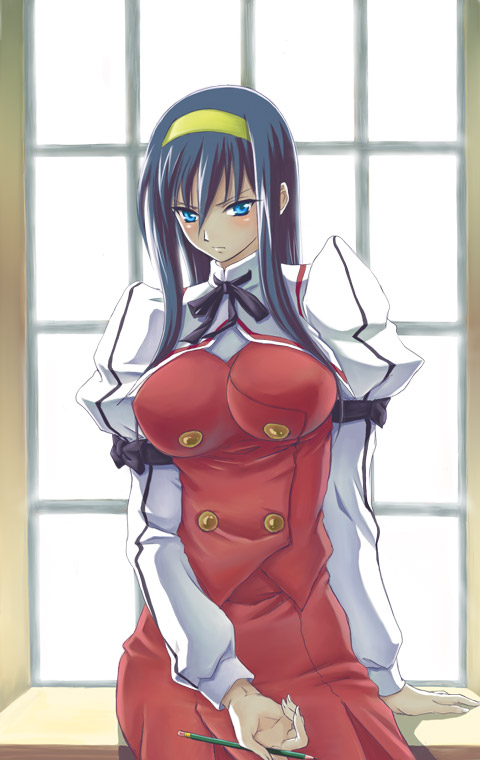 00s, 1girl, annoyed, blue_eyes, blue_hair, blush, breasts, female_focus, fujimaru_(kinakomucch), hairband, himemiya_chikane, impossible_clothes, impossible_shirt, josei_nyoshou, kannazuki_no_miko, large_breasts, long_hair, matching_hair/eyes, ototachibana_academy_school_uniform, pencil, puffy_sleeves, ribbon, school_uniform, shirt, shoulder_pads, sitting, solo, window, wooden_pencil