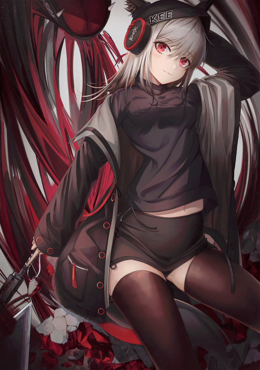 1girl, animal_ears, arknights, black_hat, black_jacket, black_shirt, black_thighhighs, breasts, commentary, flippy_(cripine111), fox_ears, frostleaf_(arknights), frostleaf_(elite_ii)_(arknights), hat, headphones, highres, holding, holding_behind_back, holding_polearm, holding_polearm_behind_back, holding_weapon, holding_weapon_behind_back, implied_extra_ears, jacket, long_hair, navel, off_shoulder, open_clothes, open_jacket, polearm, red_eyes, shirt, shorts, silver_hair, solo, untranslatable_commentary, tail, thighhighs, weapon