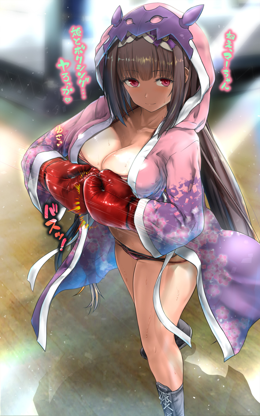 1girl, akabeko_boxing, bat_(animal), bikini, black_hair, boxing, boxing_gloves, boxing_ring