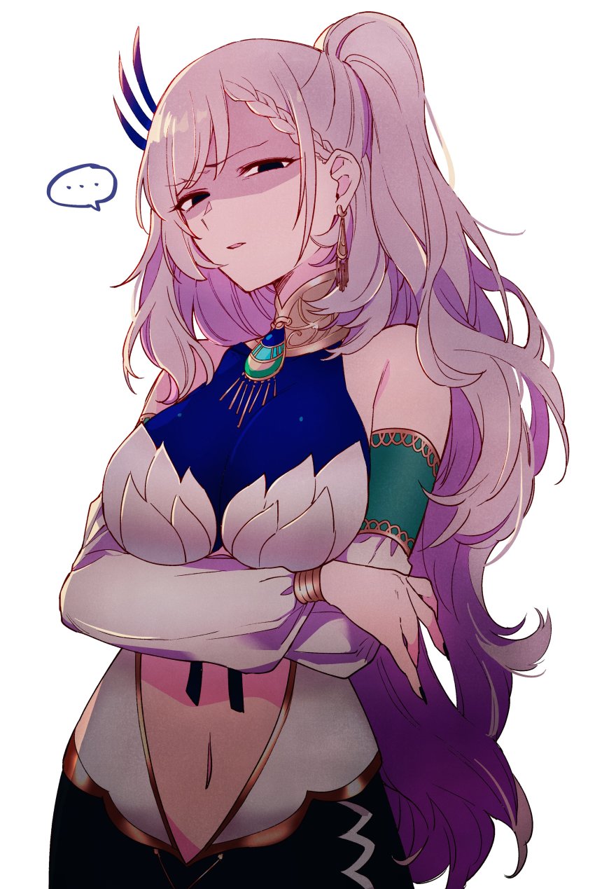 ..., 1girl, absurdres, aneco_(westsea1227), bangle, black_eyes, black_nails, blue_dress, bracelet, braid, braided_bangs, breast_hold, breasts, brooch, clothing_cutout, commentary, cowboy_shot, crossed_arms, detached_sleeves, disgust, dress, earrings, english_commentary, feather_hair_ornament, glaring, hair_ornament, highres, hololive, hololive_indonesia, jewelry, long_hair, looking_at_viewer, medium_breasts, midriff, nail_polish, navel, navel_cutout, parted_bangs, parted_lips, pavolia_reine, ponytail, scowl, shaded_face, silver_hair, simple_background, single_braid, solo, spoken_ellipsis, taut_clothes, virtual_youtuber, white_background