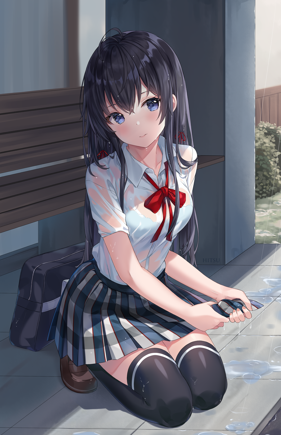 1girl, bag, bench, black_hair, black_thighhighs, blue_bra, blue_eyes, blush