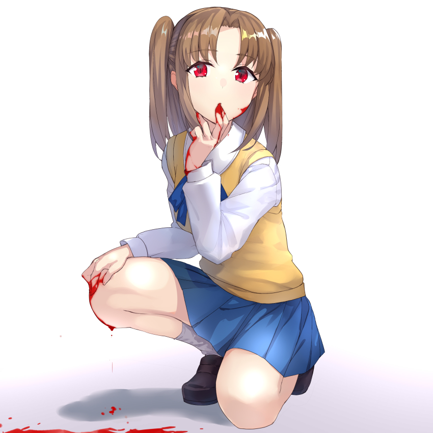 1girl, absurdres, apo_(apos2721), blood, blood_from_mouth, blood_on_face, blood_on_hands, blue_ribbon