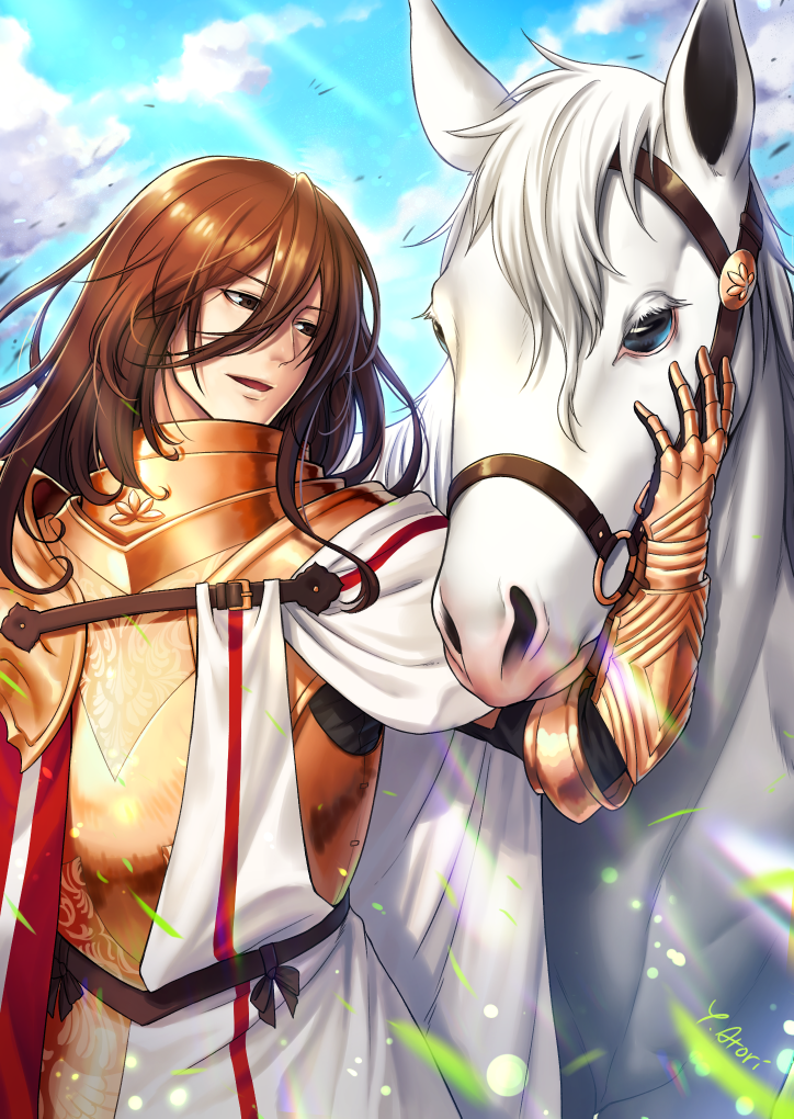 1boy, amanna, animal, armor, breastplate, brown_eyes, brown_hair, buckle