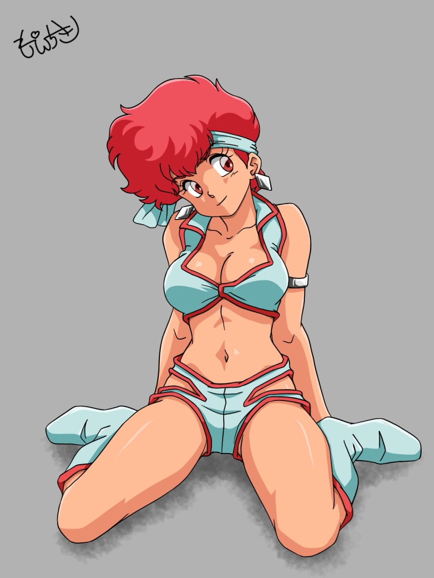 1girl, bad_id, bad_pixiv_id, boots, breasts, cleavage, dark-skinned_female, dark_skin, dirty_pair, earrings, grey_background, hair_behind_ear, head_tilt, headband, highres, jewelry, kei_(dirty_pair), looking_up, medium_breasts, moechiki, navel, red_eyes, short_hair, signature, single_earring, sitting, smile, solo, wariza, white_boots, white_headband