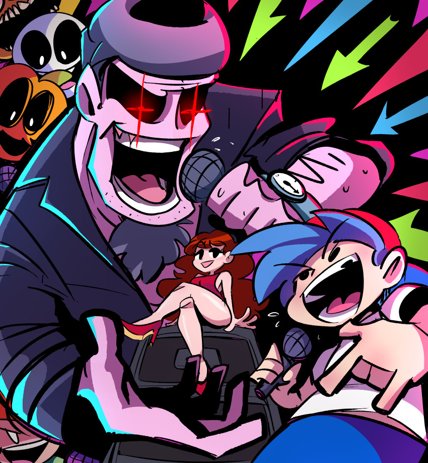 1girl, 5boys, :d, absurdres, bare_legs, boyfriend_(friday_night_funkin'), chest_hair, colored_skin, daddy_dearest, dress, friday_night_funkin', girlfriend's_dad_(friday_night_funkin'), girlfriend_(friday_night_funkin'), glowing, glowing_eyes, grey_hair, high_heels, highres, holding, holding_microphone, lemon_demon_(friday_night_funkin'), microphone, multiple_boys, music, newgrounds, open_mouth, orange_hair, peargor, pico_(newgrounds), pico_(newgrounds_series), pump_(sr_pelo), purple_skin, red_dress, singing, sitting, skid_(sr_pelo), smile, speaker, teeth, watch, wristwatch