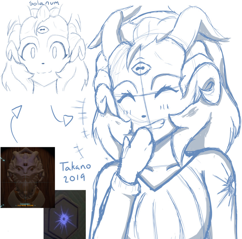 1girl, ^_^, absurdres, alien, breasts, character_name, closed_eyes, collarbone, commentary, covering_own_mouth, english_commentary, extra_eyes, hand_over_own_mouth, highres, horns, looking_at_viewer, medium_breasts, multiple_views, outer_wilds, photo_inset, reference_inset, ribbed_sweater, sketch, solanum_(outer_wilds), sweater, takano_(miyo_takano), white_background