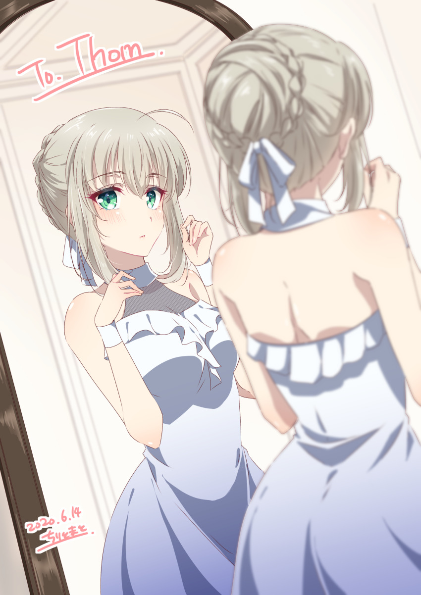1girl, ahoge, alternate_costume, bare_arms, bare_shoulders, braid, braided_bun, breasts, chili-tomato_(gekikaraya), closed_mouth, collarbone, commentary_request, contrapposto, dated, dress, fate_(series), from_behind, gray_(fate), green_eyes, grey_dress, hair_bun, hair_ribbon, hands_up, highres, indoors, lord_el-melloi_ii_case_files, medium_breasts, mirror, reflection, ribbon, short_hair, signature, single_hair_bun, sleeveless, sleeveless_dress, solo, white_dress, white_ribbon, wrist_cuffs