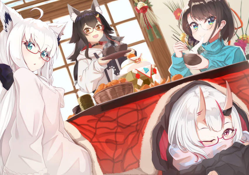 4girls, absurdres, animal_ear_fluff, animal_ears, black_hair, borumete, bow, bowl