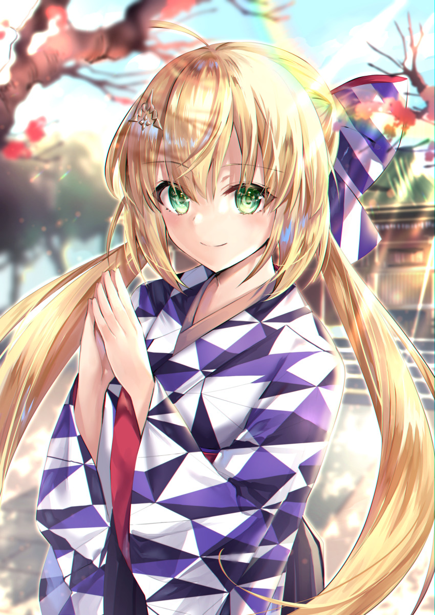 1girl, absurdres, artoria_caster_(fate), artoria_caster_(springtime_koto_strings)_(fate), artoria_pendragon_(fate), blonde_hair, blush, breasts