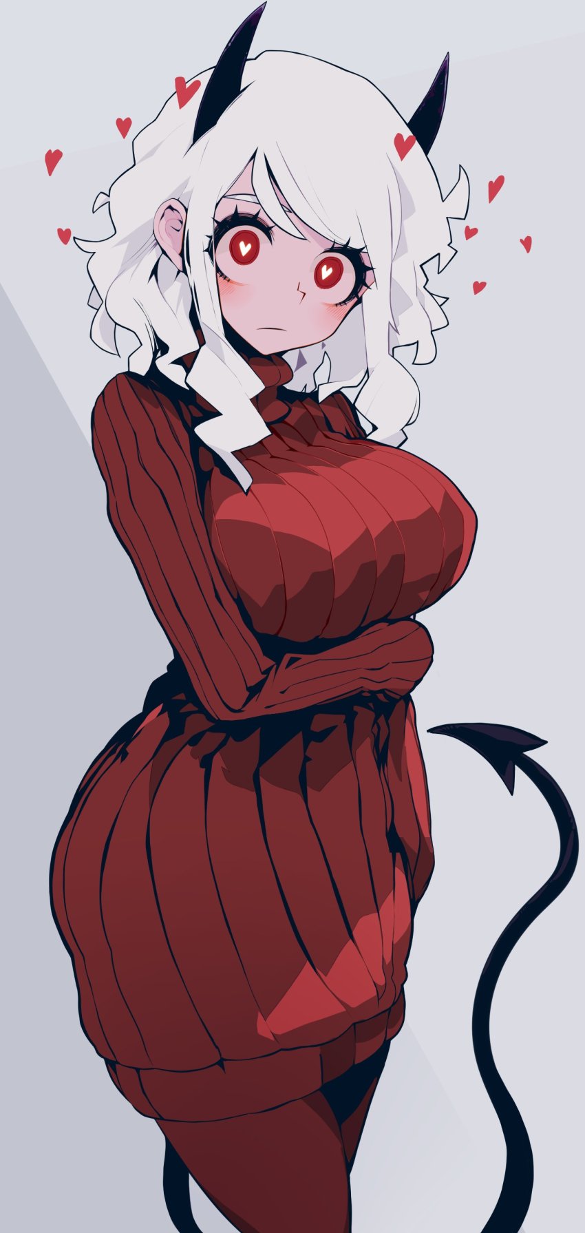 1girl, :<, absurdres, arm_under_breasts, black_horns, black_tail, blush, breasts