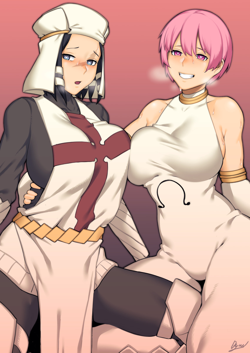 2girls, absurdres, arrow_(en'en_no_shouboutai), asymmetrical_docking, bare_shoulders, black_bodysuit, black_hair, blue_eyes, blush, bodysuit, breast_press, breasts, breath, collarbone, commentary_request, commission, covered_collarbone, detached_sleeves, dress, dyun, en'en_no_shouboutai, gradient_background, highres, holding_person, kasugatani_inca, large_breasts, looking_to_the_side, multiple_girls, omega_symbol, open_mouth, pelvic_curtain, pink_eyes, pink_hair, pixiv_commission, robe, short_hair, signature, smile, sweat, symbol-shaped_pupils, teeth, white_dress, white_headwear, white_robe