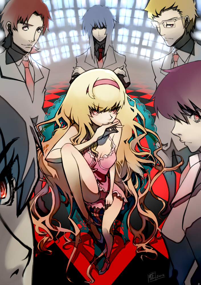 1girl, 5boys, ai[sora], ai_(sora), bad_id, bad_pixiv_id, blonde_hair, brown_hair, glasses, long_hair, multiple_boys, original, red_eyes, sitting, tuxedo, very_long_hair