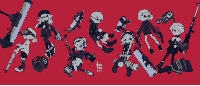 .52_gal_(splatoon), 3boys, 4girls, bandana, bike_shorts, blunt_bangs, closed_mouth, collared_shirt, commentary, dolphin_shorts, dual_wielding, dynamo_roller_(splatoon), floating, glooga_dualies_(splatoon), greyscale, greyscale_with_colored_background, headphones, holding, holding_umbrella, holding_weapon, imaikuy0, inkling, inkling_boy, inkling_girl, inkling_player_character, jacket, l-3_nozzlenose_(splatoon), leggings, logo, long_hair, long_sleeves, looking_at_viewer, luna_blaster_(splatoon), medium_hair, mini_splatling_(splatoon), mohawk, monochrome, multiple_boys, multiple_girls, nintendo, octobrush_(splatoon), octoling, octoling_player_character, pointy_ears, ponytail, rapid_blaster_(splatoon), red_background, red_eyes, red_theme, round_eyewear, scope, shirt, shoes, short_hair, short_ponytail, short_shorts, shorts, single_vertical_stripe, sleeveless, sleeveless_shirt, sloshing_machine_(splatoon), sneakers, socks, splat_charger_(splatoon), splat_dualies_(splatoon), splat_roller_(splatoon), splatoon_(series), splatoon_2, splattershot_(splatoon), splattershot_jr._(splatoon), splattershot_pro_(splatoon), suction_cups, sunglasses, tentacle_hair, umbrella, undercover_brella_(splatoon), weapon, welding_mask