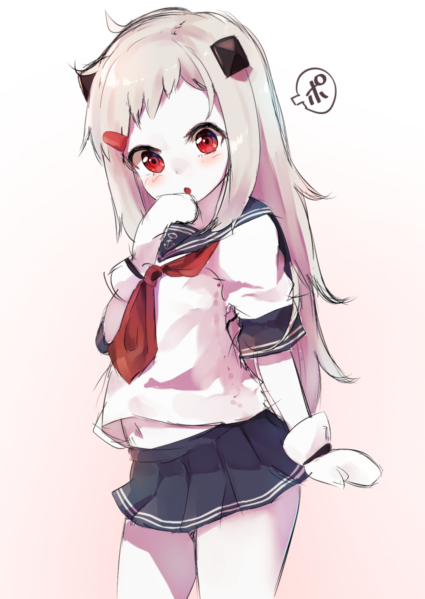 1girl, abyssal_ship, akatsuki_(kancolle), akatsuki_(kancolle)_(cosplay), anchor_symbol, black_sailor_collar, black_skirt, commentary_request, cosplay, cowboy_shot, gradient_background, highres, horns, kantai_collection, long_hair, mittens, neckerchief, northern_ocean_princess, pleated_skirt, red_eyes, red_neckerchief, sailor_collar, school_uniform, serafuku, skirt, solo, standing, taisho_(gumiyuki), white_background, white_hair, white_mittens