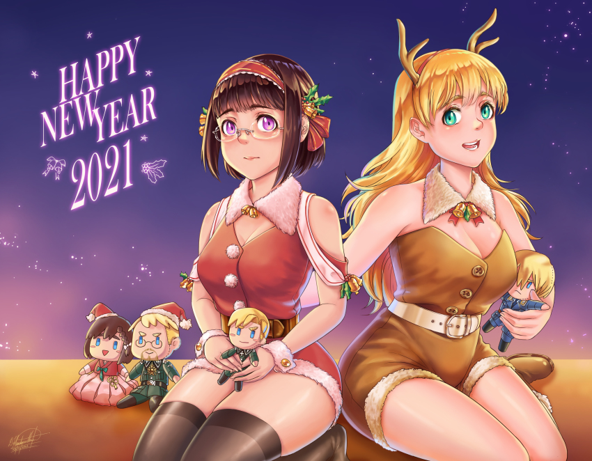 2021, 2girls, absurdres, anh_thuy, animal_costume, antlers, bell, belt, belt_buckle, blonde_hair, blush, blush_stickers, boots, breasts, brown_hair, buckle, christmas, collar, darun_khanchanusthiti, doll, dress, english_text, erika_grislawski, fur, fur_collar, fur_trim, glasses, green_eyes, hair_ornament, hair_ribbon, hanbok, hat, headband, highres, holding, horns, kneeling, korean_clothes, leather, leather_belt, looking_at_viewer, military, military_uniform, multiple_girls, neck_bell, new_year, night, original, purple_eyes, reindeer, reindeer_antlers, reindeer_costume, ribbon, santa_costume, santa_dress, santa_hat, shorts, sitting, sky, star_(sky), starry_sky, thighhighs, thighs, white_belt