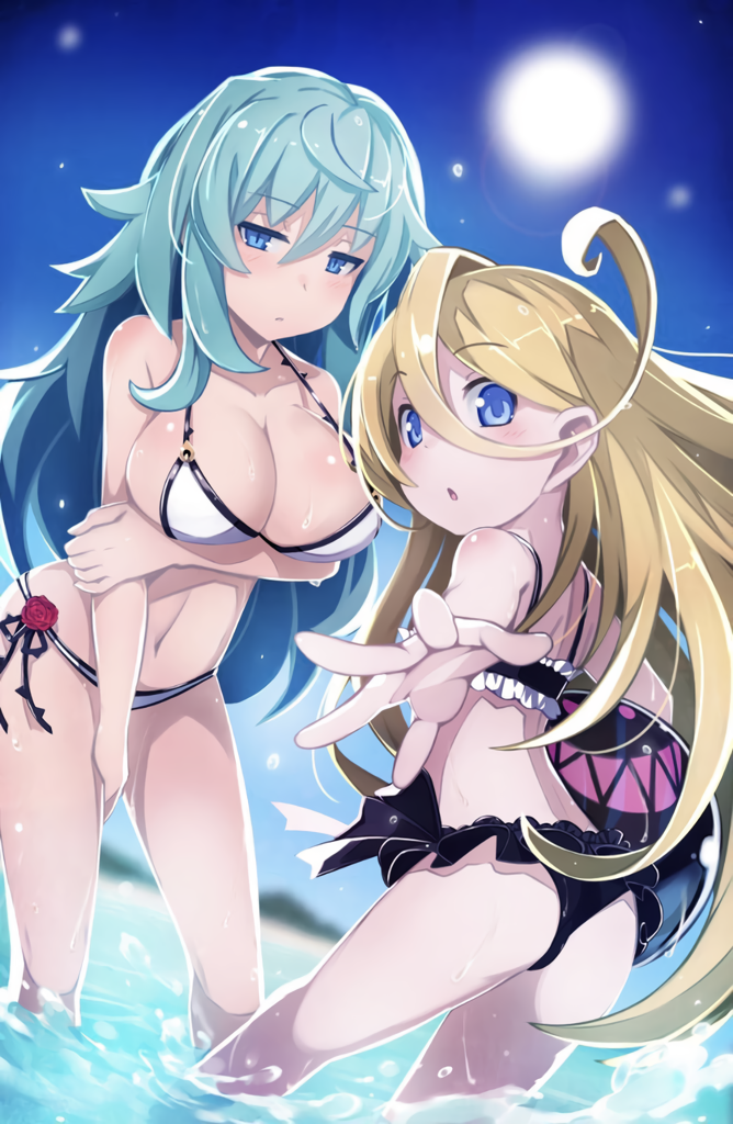 2girls, :o, ahoge, aqua_hair, arm_grab, ass, ball, beachball, between_legs, bikini, blonde_hair, blue_eyes, carrying, carrying_under_arm, day, dutch_angle, expressionless, hand_between_legs, hand_on_thigh, long_hair, looking_at_viewer, mary_skelter, multiple_girls, nanameda_kei, official_art, outdoors, outstretched_arm, outstretched_hand, rapunzel_(mary_skelter), sleeping_beauty_(mary_skelter), slit_pupils, sun, swimsuit, wading, water, wet