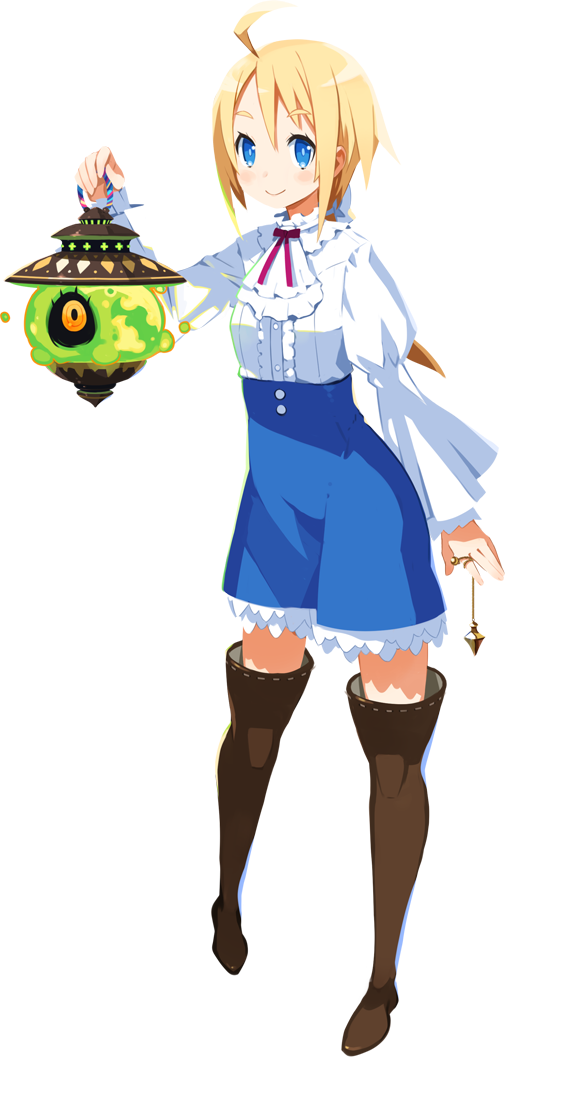 1girl, ahoge, blonde_hair, blue_eyes, blue_skirt, boots, brown_boots, eureka_de_soleil, full_body, galleria_no_chika_meikyuu_to_majo_no_ryodan, harada_takehito, holding, long_hair, long_sleeves, low_ponytail, official_art, ponytail, skirt, smile, solo, standing, thigh_boots, thighhighs, transparent_background