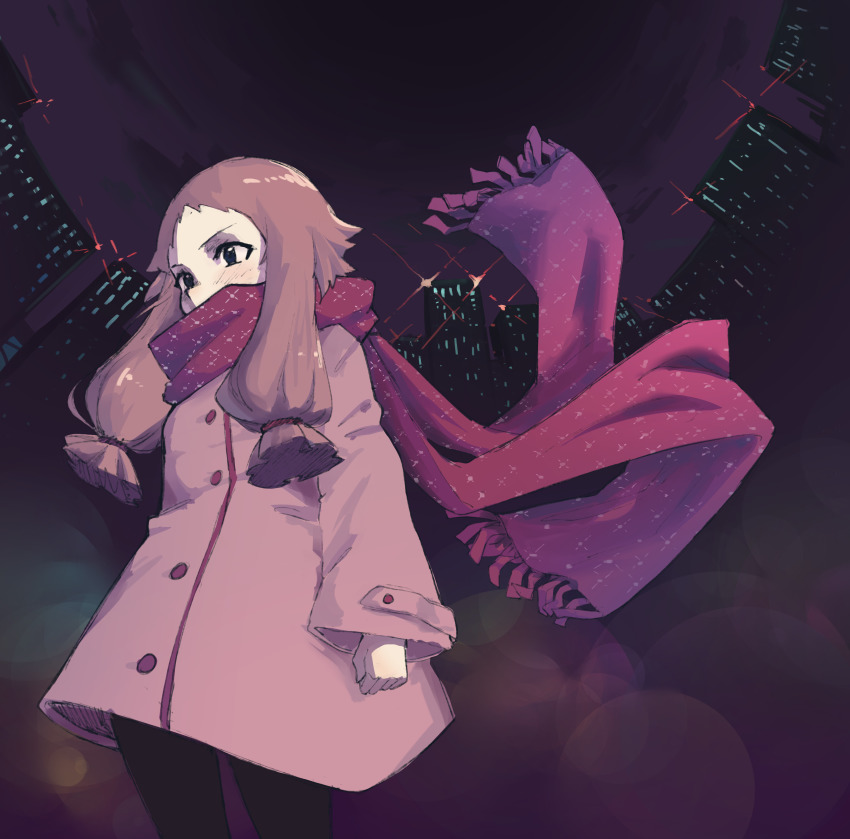 1girl, absurdres, black_eyes, black_legwear, brown_hair, buttons, cityscape, clenched_hand