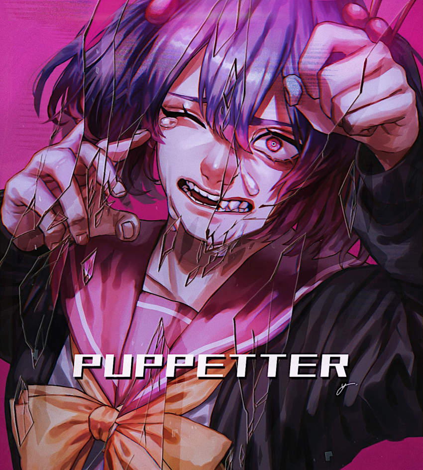 1girl, :d, bad_id, bad_pixiv_id, black_shirt, bow, broken, collarbone, commentary_request, danganronpa_another, dress, fangs, hair_between_eyes, hair_ornament, hands_up, highres, k041800, long_sleeves, looking_at_viewer, medium_hair, one_eye_closed, open_mouth, orange_bow, otonokoji_kanade, pink_eyes, pink_hair, ribbon, sailor_collar, school_uniform, sharp_teeth, shirt, smile, solo, super_danganronpa_another_2, tagme, teeth, twintails