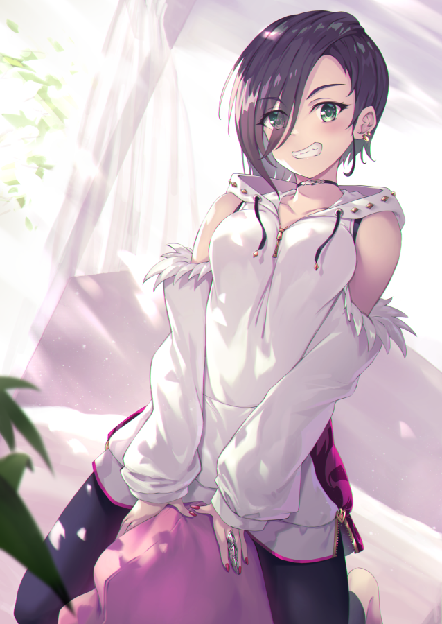 1girl, :d, bare_shoulders, bed_sheet, black_choker, breasts, character_request, choker, claw_ring, collarbone, curtains, detached_sleeves, drawstring, earrings, eyes_visible_through_hair, fingernails, green_eyes, grin, hair_over_one_eye, hood, hood_down, jewelry, kaya_(princess_connect!), kaya_(real)_(princess_connect!), kneeling, leggings, long_fingernails, long_sleeves, looking_at_viewer, medium_breasts, nail_polish, on_bed, open_mouth, ouka_(ra-raradan), pillow, princess_connect!, purple_hair, red_nails, short_hair, smile, solo, teeth, zipper_pull_tab