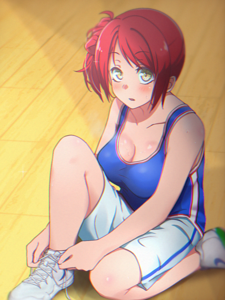 163_(shiromeshi), 1girl, bare_shoulders, blush, breasts, cleavage, indoors, kano_misora, kneeling, large_breasts, looking_at_viewer, parted_lips, red_hair, shoes, short_hair, shorts, shoujo_kageki_revue_starlight, shoujo_kageki_revue_starlight_-re_live-, smile, sneakers, solo, sweat, tank_top, tying_shoes, yellow_eyes