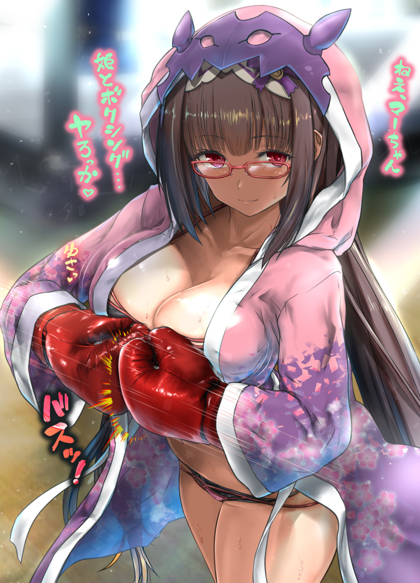 1girl, akabeko_boxing, bikini, black_bikini, blush, boxing_gloves, breasts, brown_hair, cleavage, collarbone, commentary_request, fate/grand_order, fate_(series), glasses, highres, hood, hood_up, hooded_robe, japanese_text, large_breasts, long_hair, osakabehime_(fate), osakabehime_(swimsuit_archer)_(fate), osakabehime_(swimsuit_archer)_(second_ascension)_(fate), purple_eyes, purple_robe, robe, solo, sweat, swimsuit, translation_request, very_long_hair