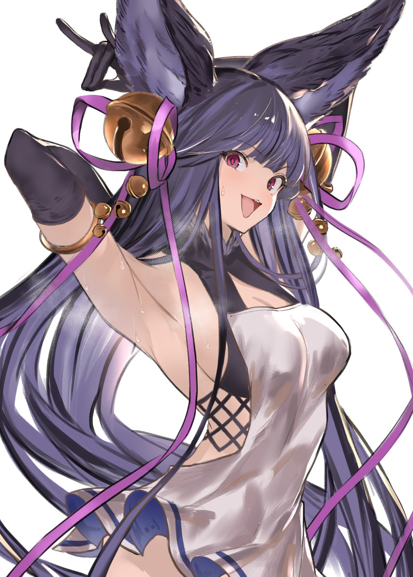 1girl, absurdres, animal_ears, armlet, armpits, arms_behind_head, arms_up, bare_shoulders, bell, black_gloves, black_hair, blush, breasts, cleavage, dress, elbow_gloves, erune, fox_ears, fox_shadow_puppet, fox_tail, gloves, granblue_fantasy, hair_bell, hair_ornament, highres, huge_filesize, jewelry, jikatarou, jingle_bell, large_breasts, long_hair, looking_at_viewer, open_mouth, purple_eyes, purple_ribbon, ribbon, short_dress, simple_background, smile, solo, steam, sweat, tail, very_long_hair, white_background, white_dress, yuel_(granblue_fantasy), yuel_(water)_(granblue_fantasy)