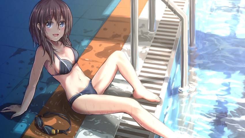 1girl, alice_gear_aegis, barefoot, bikini, black_bikini, black_hair, blue_eyes, breasts
