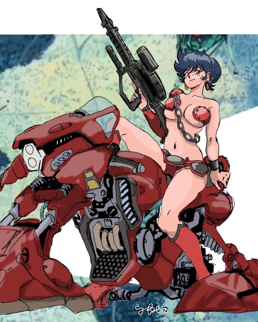 1girl, armor, bad_id, bad_twitter_id, benten_(urusei_yatsura), blue_hair, breasts, chain, cleavage, green_eyes, gun, hair_bun, highres, holding, holding_gun, holding_weapon, looking_down, medium_breasts, metal_bikini, motor_vehicle, motorcycle, navel, pauldrons, science_fiction, shisaton., shoulder_armor, single_hair_bun, single_pauldron, sitting, smile, solo, underboob, urusei_yatsura, weapon